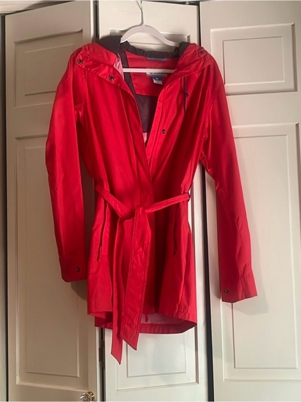 Columbia Red Hooded Trench Coat with Belt